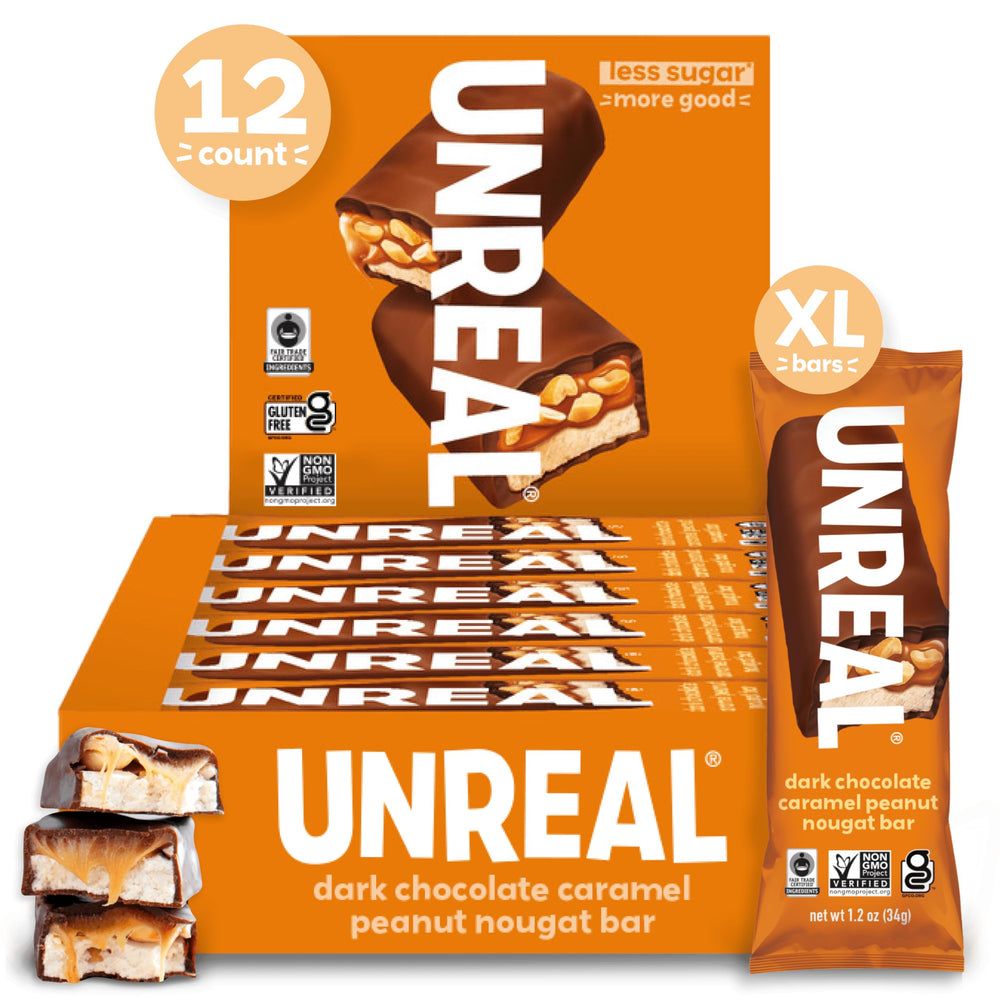 UNREAL dark chocolate peanut caramel nougat bars in packaging for sharing