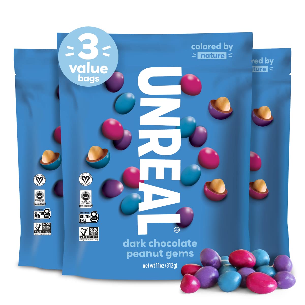 UNREAL dark chocolate peanut gems in resealable bags for easy sharing.