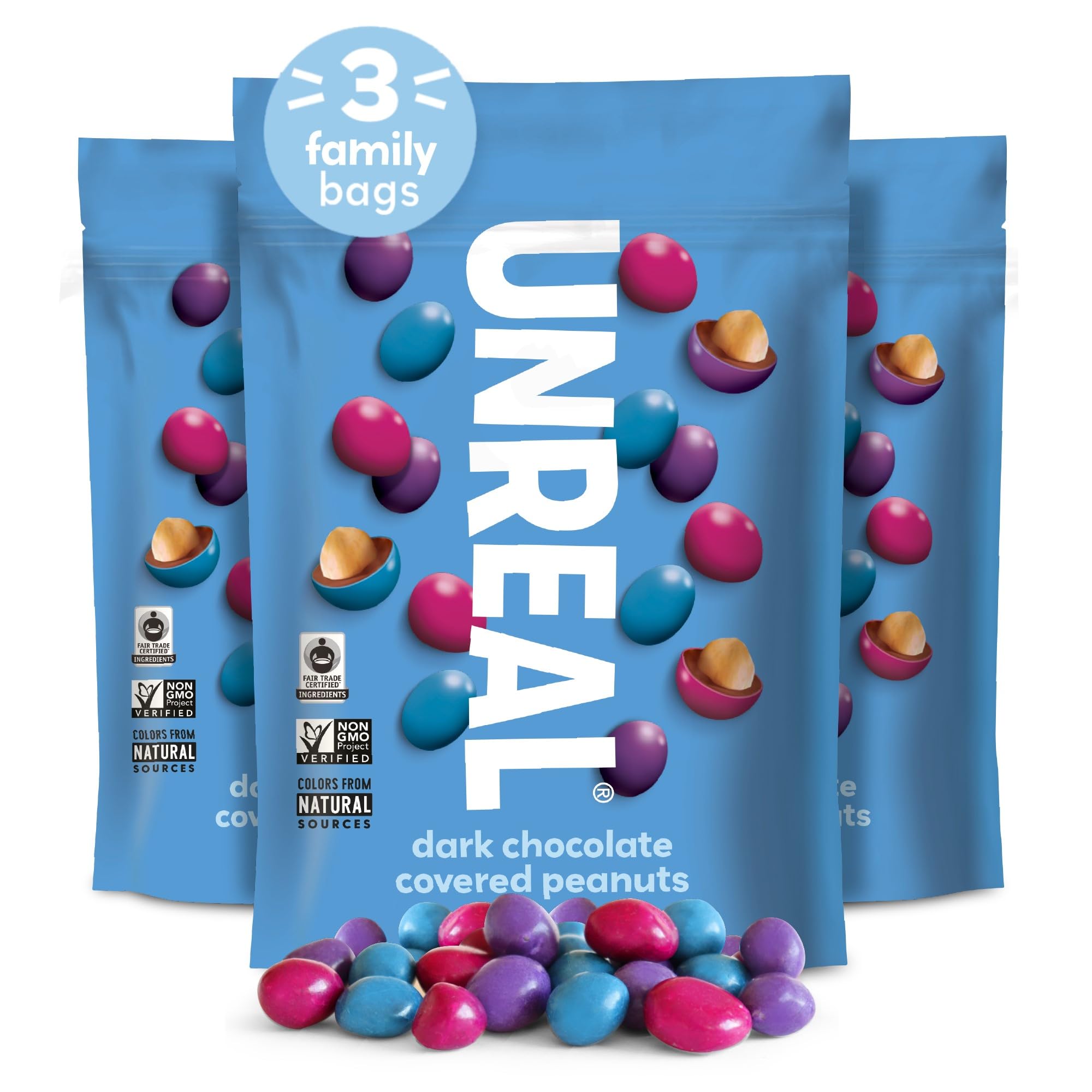 UNREAL Dark Chocolate Peanut Gems close-up with glossy coating, a vegan snack