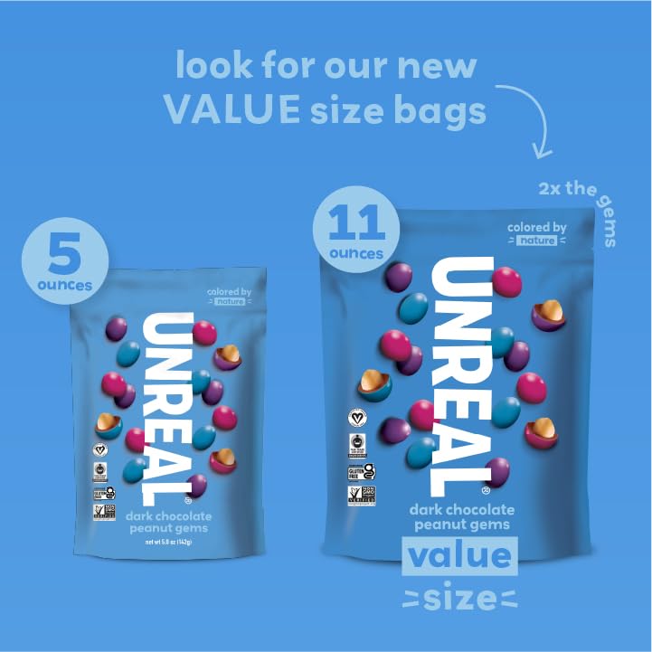 Fair Trade and non-GMO ingredients in UNREAL dark chocolate peanut gems.