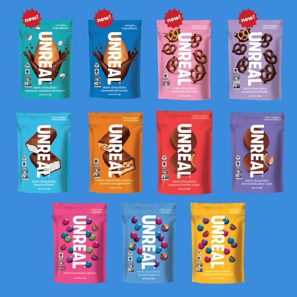 UNREAL Dark Chocolate Peanut Gems with natural color specks for visual appeal