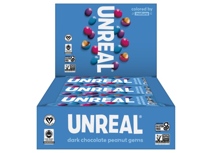 UNREAL Dark Chocolate Peanut Gems pack-12 on a shelf highlighting vegan, fair trade ingredients.