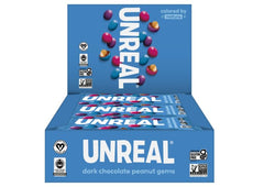 UNREAL Dark Chocolate Peanut Gems pack-12 on a shelf highlighting vegan, fair trade ingredients.