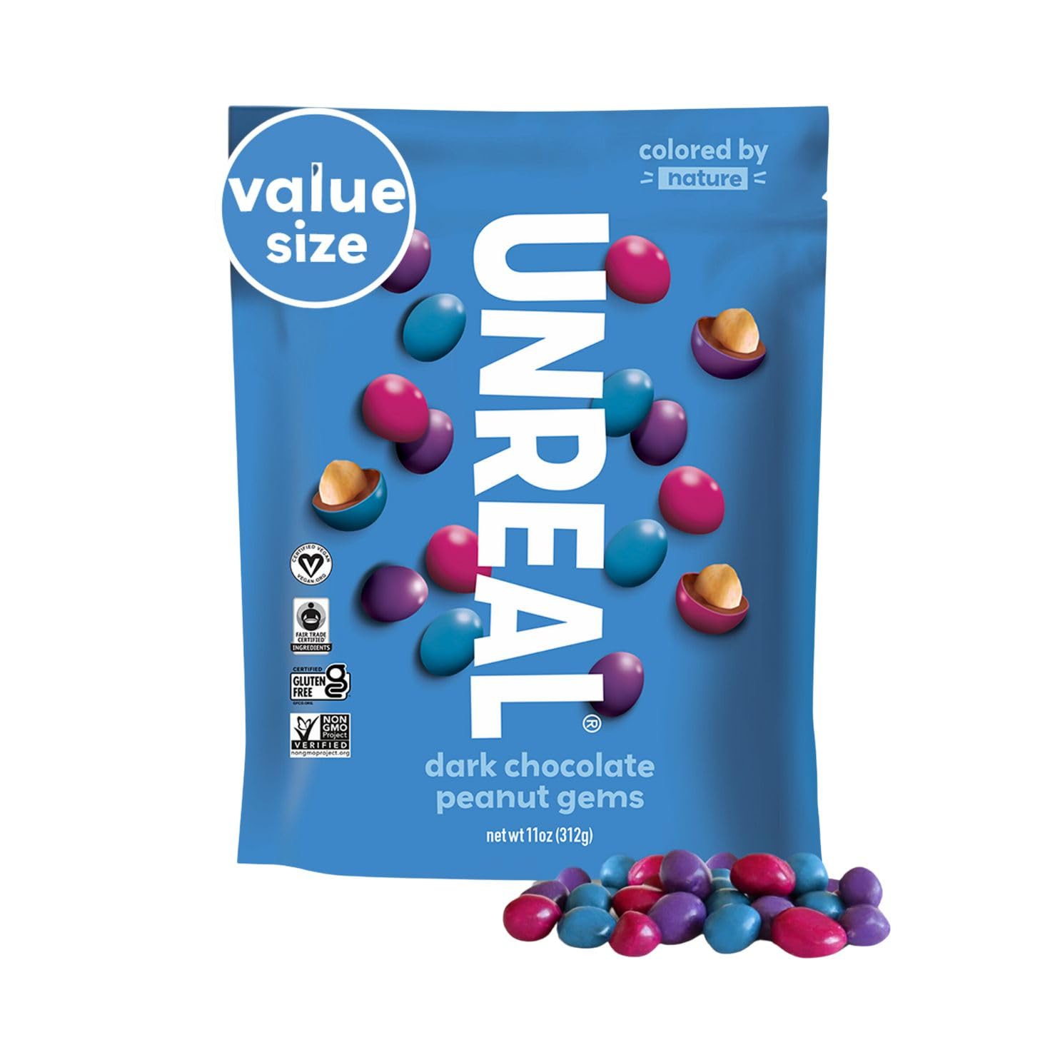 UNREAL Dark Chocolate Peanut Gems in a value bag ready to share.