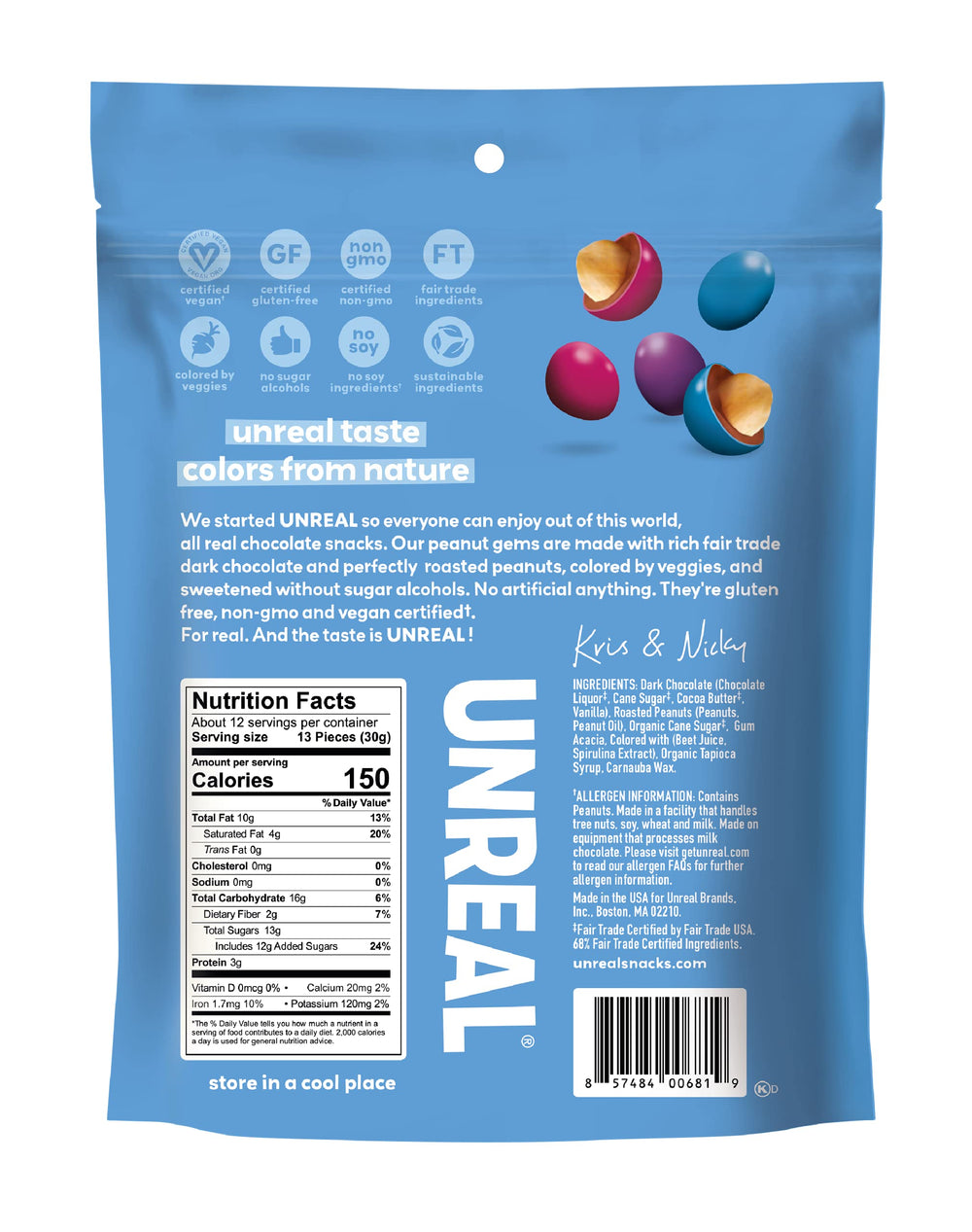 UNREAL Dark Chocolate Peanut Gems close-up shows peanuts and texture