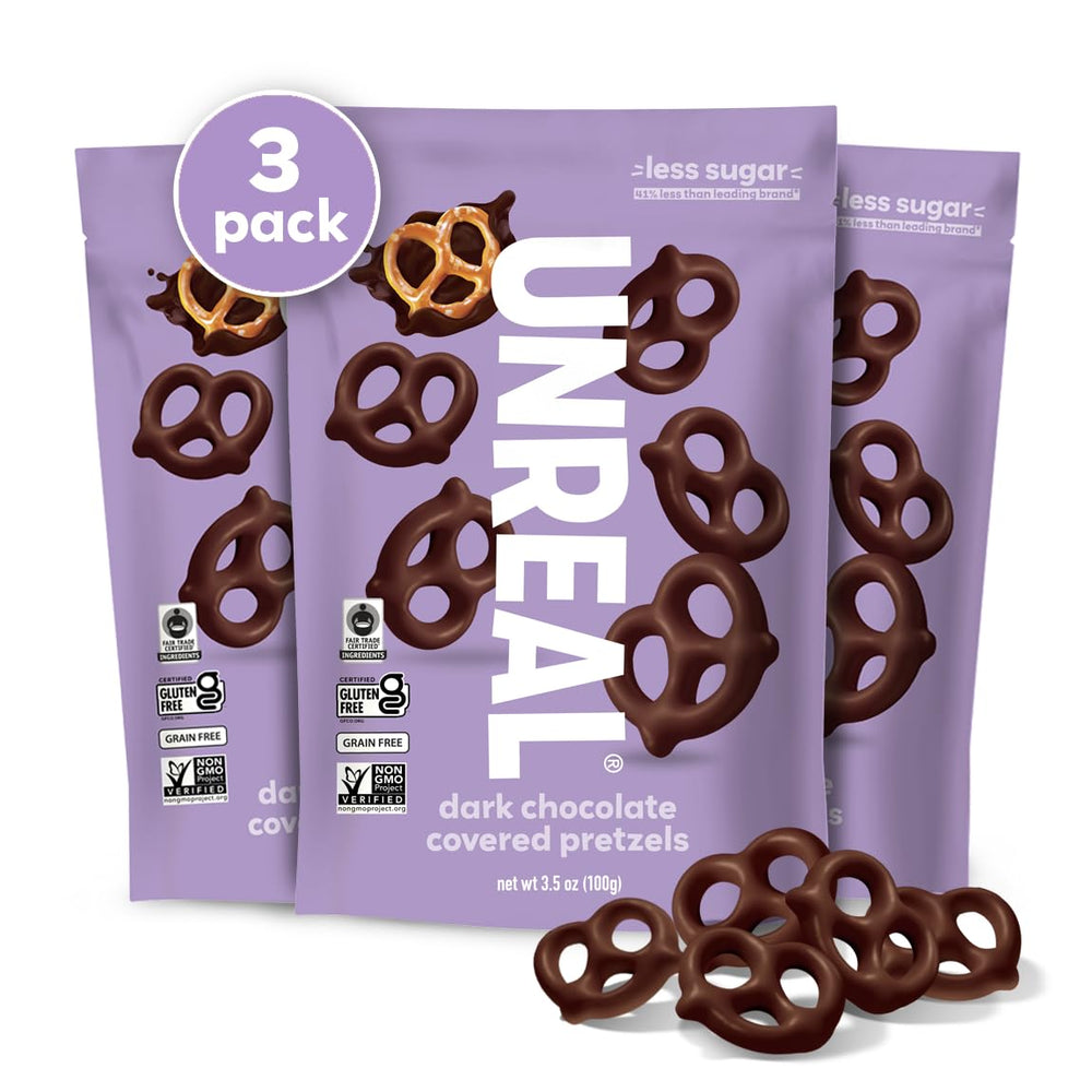 UNREAL dark chocolate pretzels pack of 3 front view—perfect for sharing a tasty snack.
