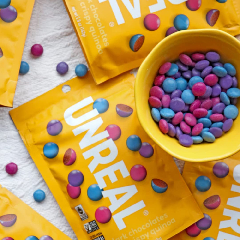 Gluten-free label on UNREAL Dark Chocolate Gems bag.