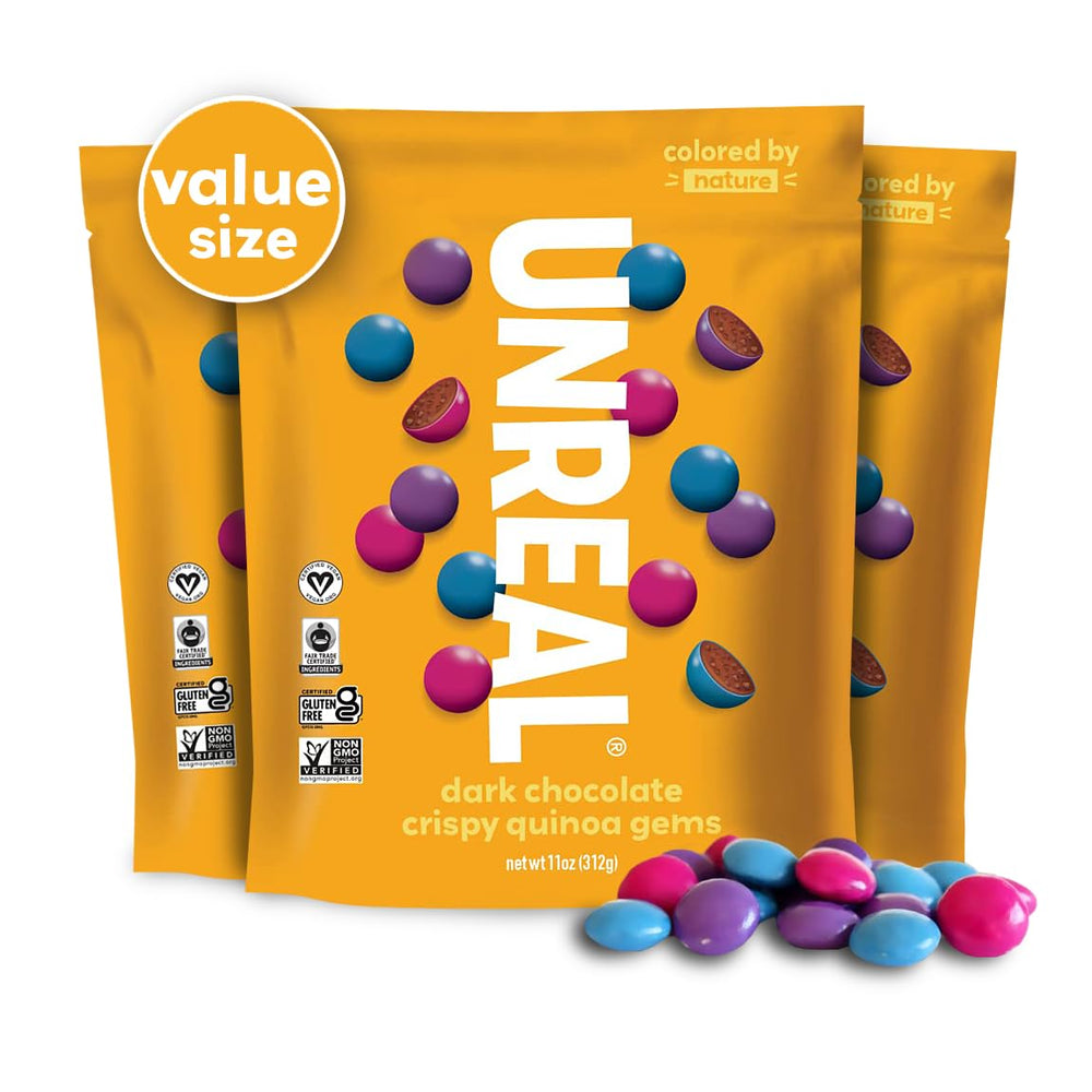 UNREAL Dark Chocolate Quinoa Gems pack front showing three resealable bags for easy snacking