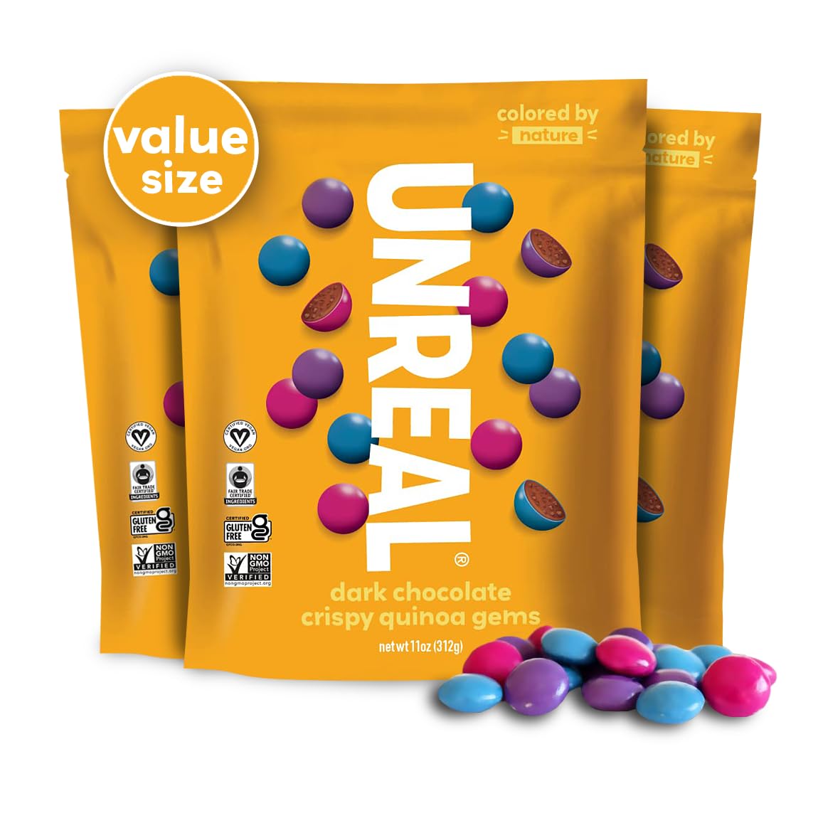 UNREAL Dark Chocolate Quinoa Gems pack front showing three resealable bags for easy snacking
