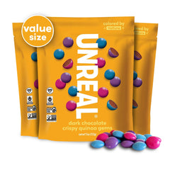 UNREAL Dark Chocolate Quinoa Gems pack front showing three resealable bags for easy snacking