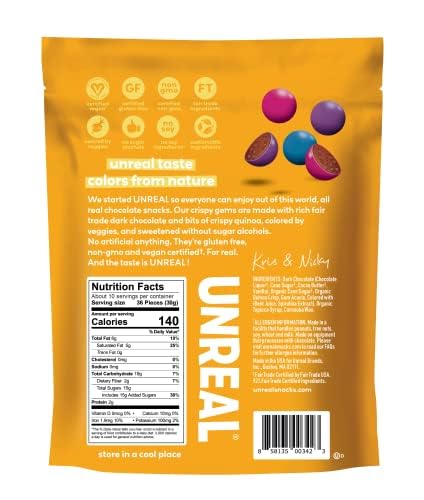 UNREAL Dark Chocolate Quinoa Gems pack reseal feature keeps freshness for on the go lunches