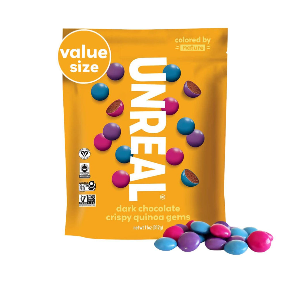 UNREAL Dark Chocolate Quinoa Gems packaging with three 11oz bags, ideal for sharing.