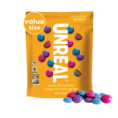 UNREAL Dark Chocolate Quinoa Gems packaging with three 11oz bags, ideal for sharing.