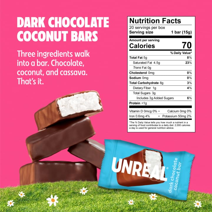 UNREAL Easter coconut bars unwrapped reveal rich coconut and premium chocolate for snacking.