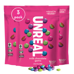 UNREAL Milk Chocolate Gems in resealable bag, ideal for sharing.