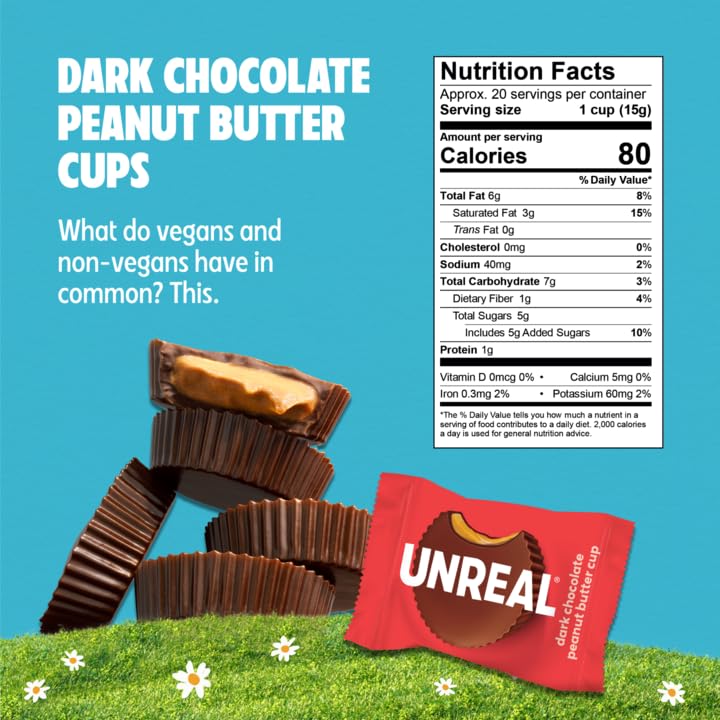 UNREAL peanut butter cups closeup showing creamy filling with glossy chocolate
