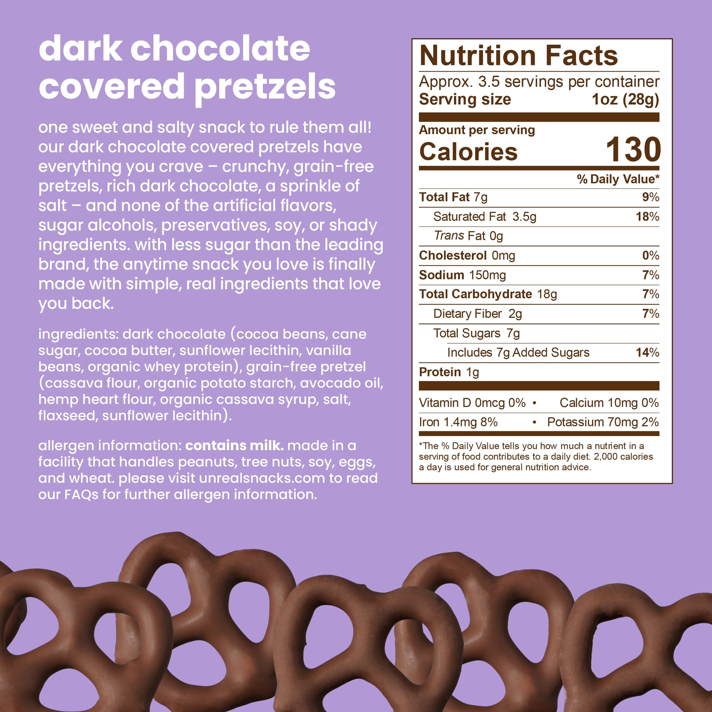 UNREAL pretzels dark chocolate close-up—crisp pretzel and glossy coating.