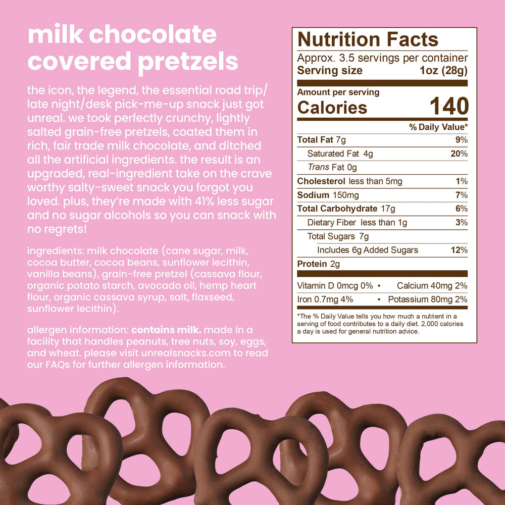 UNREAL Milk Chocolate Pretzels bite shot highlights creamy melt and crisp bite