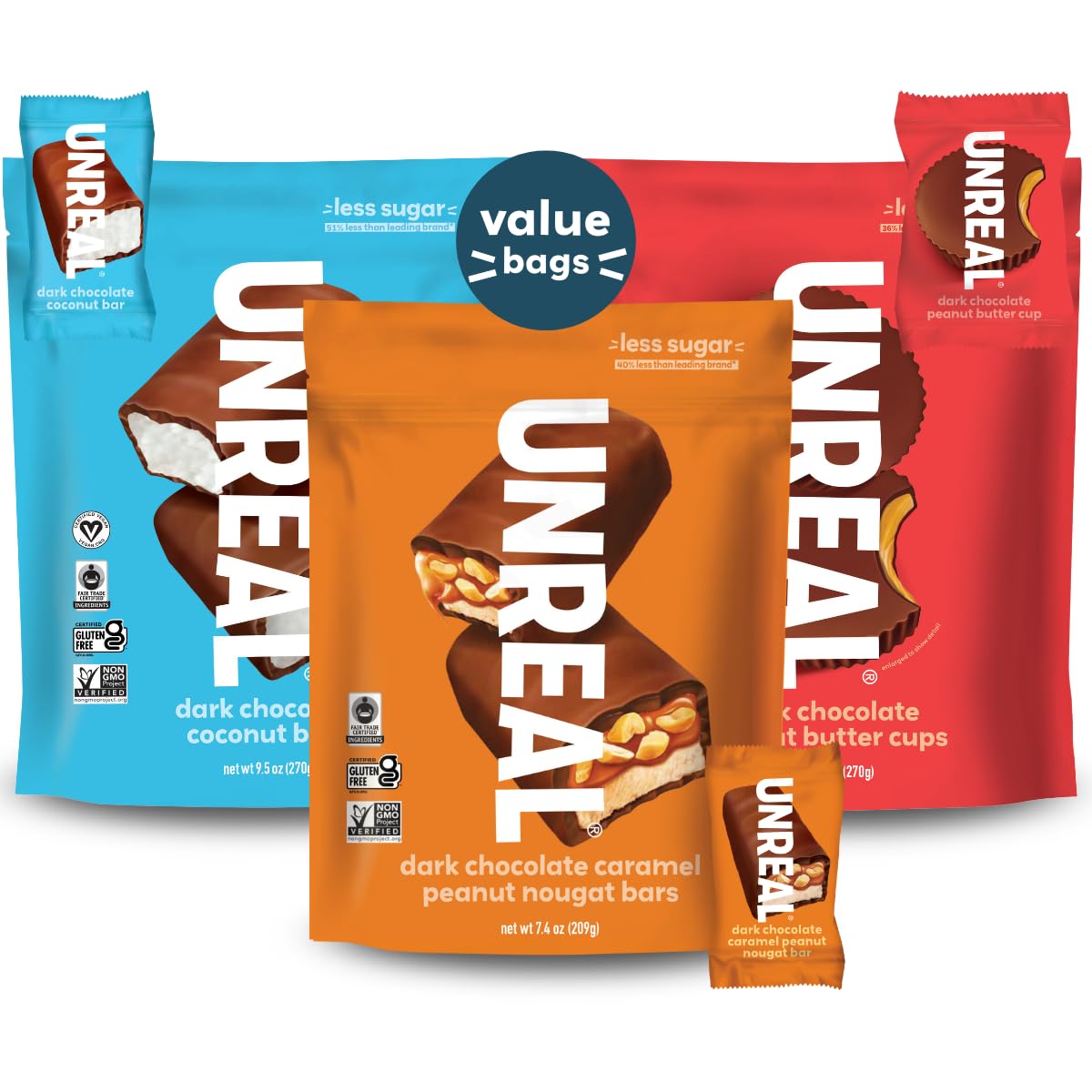 UNREAL Variety Pack three-bag sampler on front packaging highlighting fair trade chocolate
