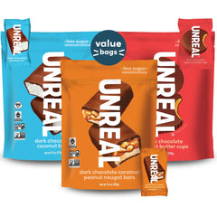 UNREAL Variety Pack three-bag sampler on front packaging highlighting fair trade chocolate