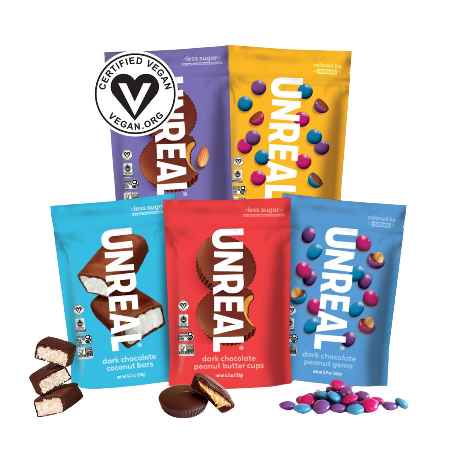 UNREAL vegan peanut butter cups close-up, creamy chocolate and peanut crunch for a tasty snack.