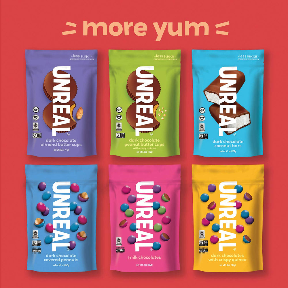UNREAL resealable packaging keeps flavors fresh and easy to share.