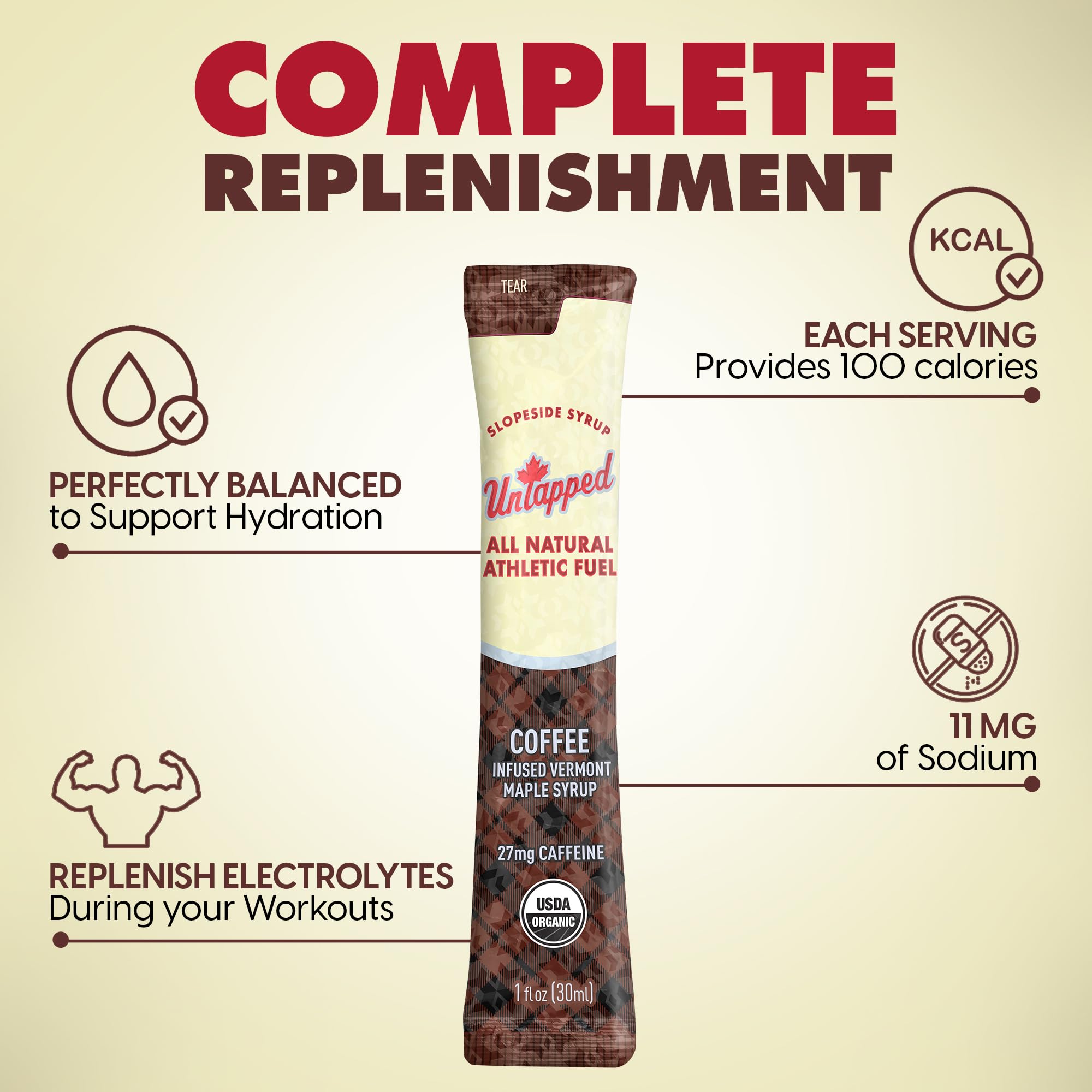 Untapped coffee-maple syrup box shows 20-pack convenience for athletes.
