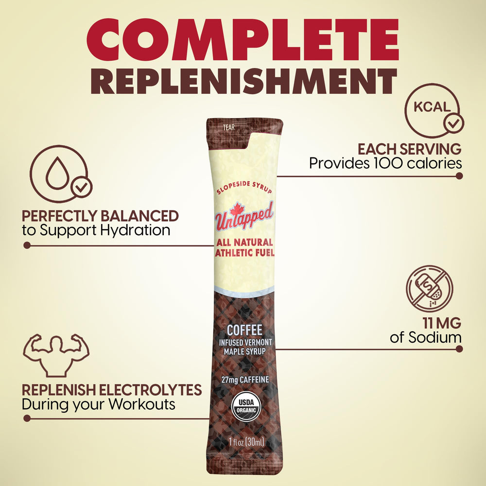 Untapped coffee-maple syrup box shows 20-pack convenience for athletes.