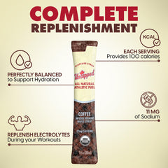 Untapped coffee-maple syrup box shows 20-pack convenience for athletes.