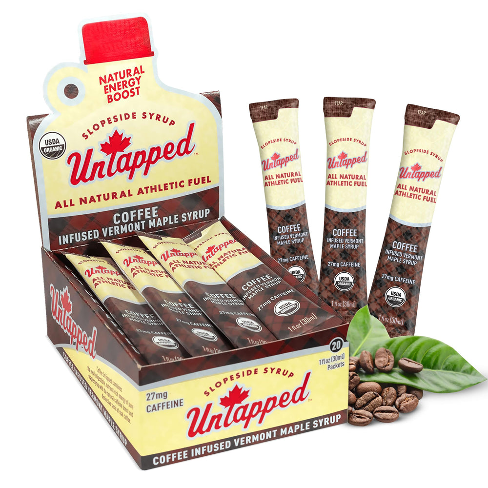 Untapped coffee-infused maple syrup packet front view for on-the-go energy during workouts.