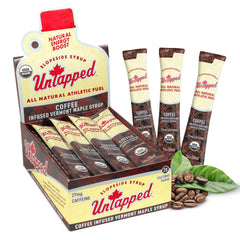 Untapped coffee-infused maple syrup packet front view for on-the-go energy during workouts.