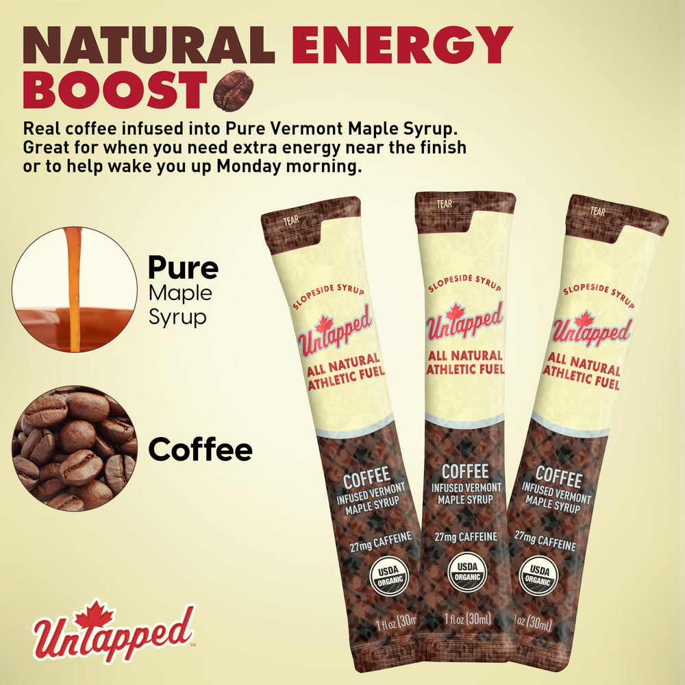 Untapped coffee-maple syrup packet in gym bag scene for easy fueling.
