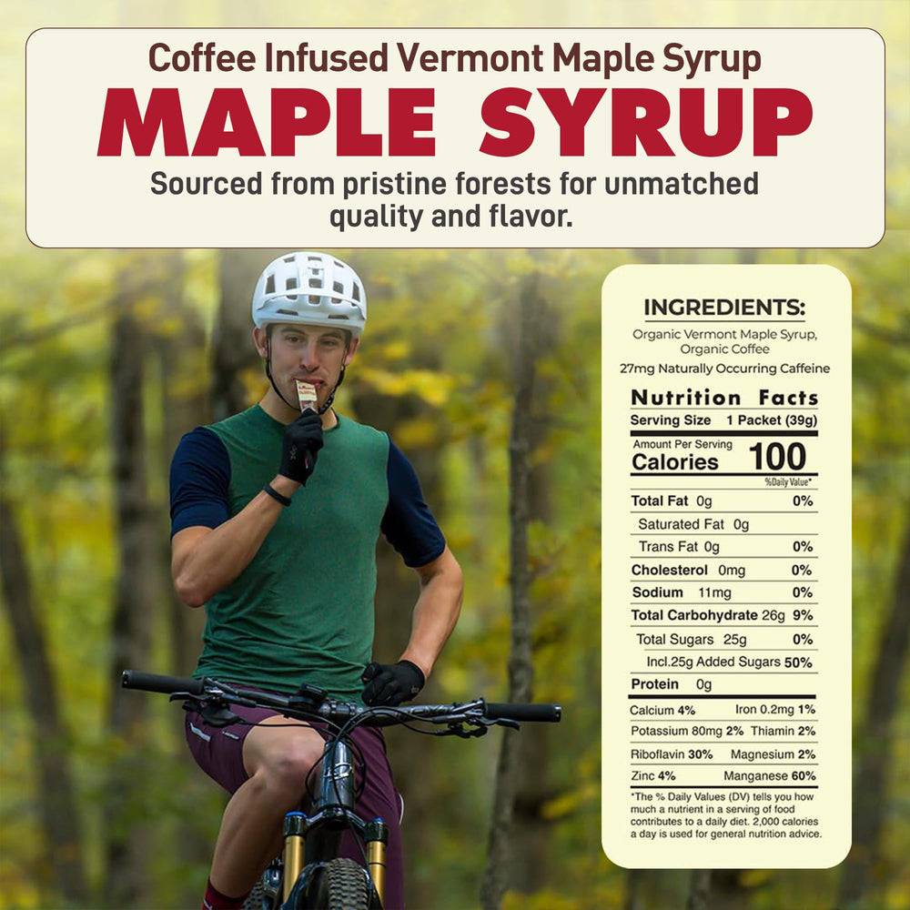 Untapped coffee-maple syrup packet label close-up highlighting caffeine and nutrients.