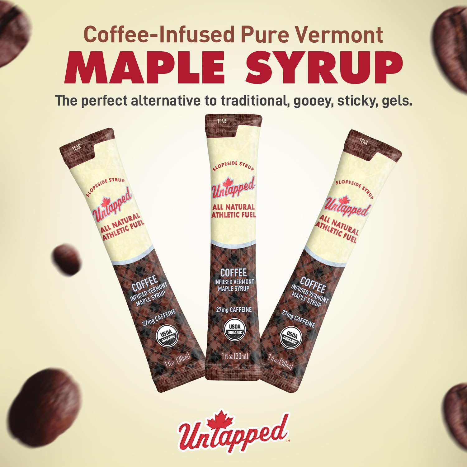 Untapped coffee-maple syrup packet pour angle suggesting quick energy for workouts.