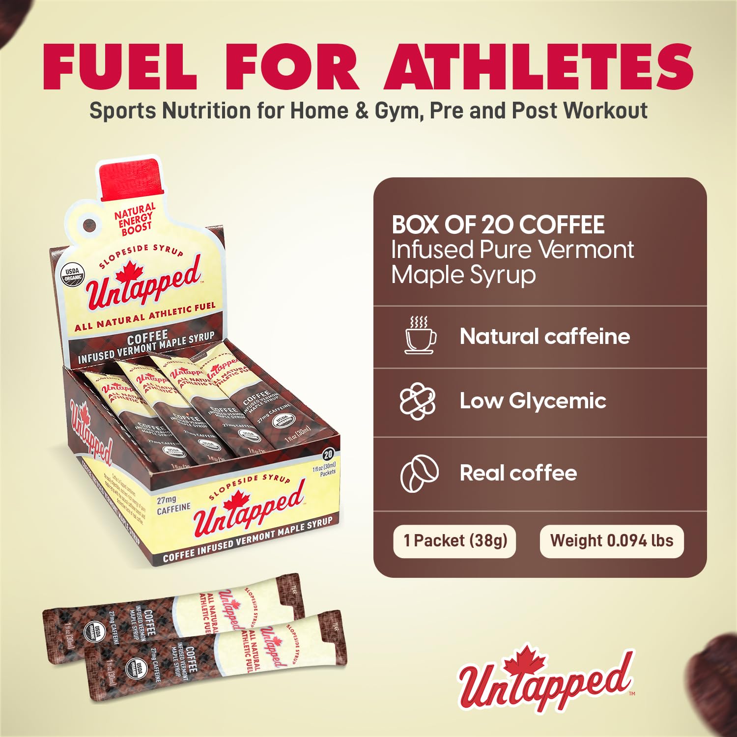 Untapped coffee-maple syrup packet with sports watch and gear for endurance fueling.