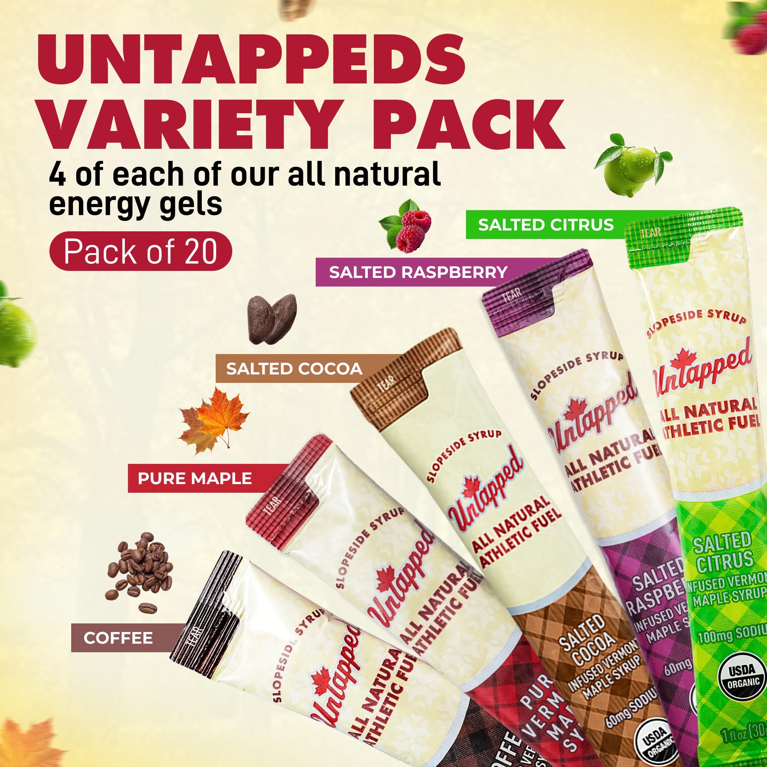 Untapped pure maple gel with clean energy for long sessions.
