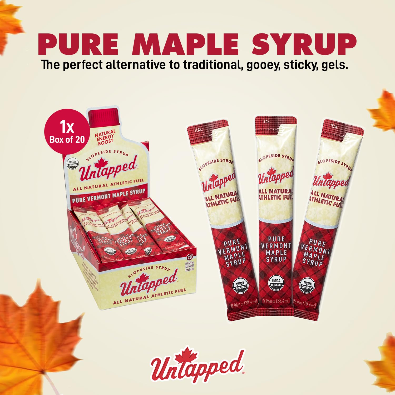Untapped Vermont Maple Syrup packet in a backpack for outdoor training.