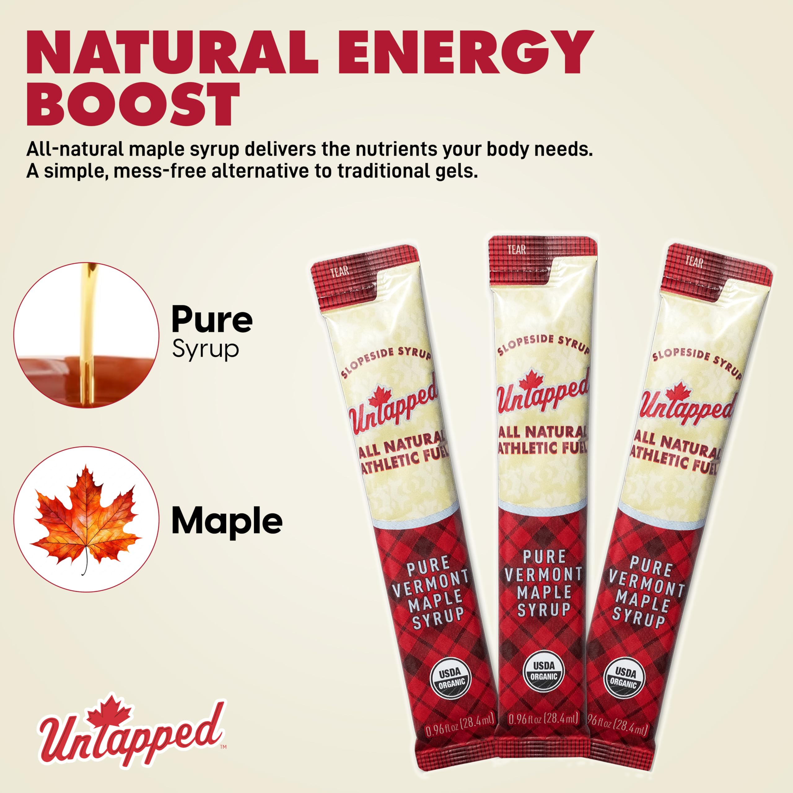 Untapped maple syrup packet being poured over pancakes for a healthy breakfast.
