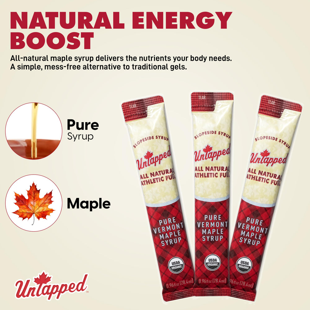 Untapped maple syrup packet being poured over pancakes for a healthy breakfast.