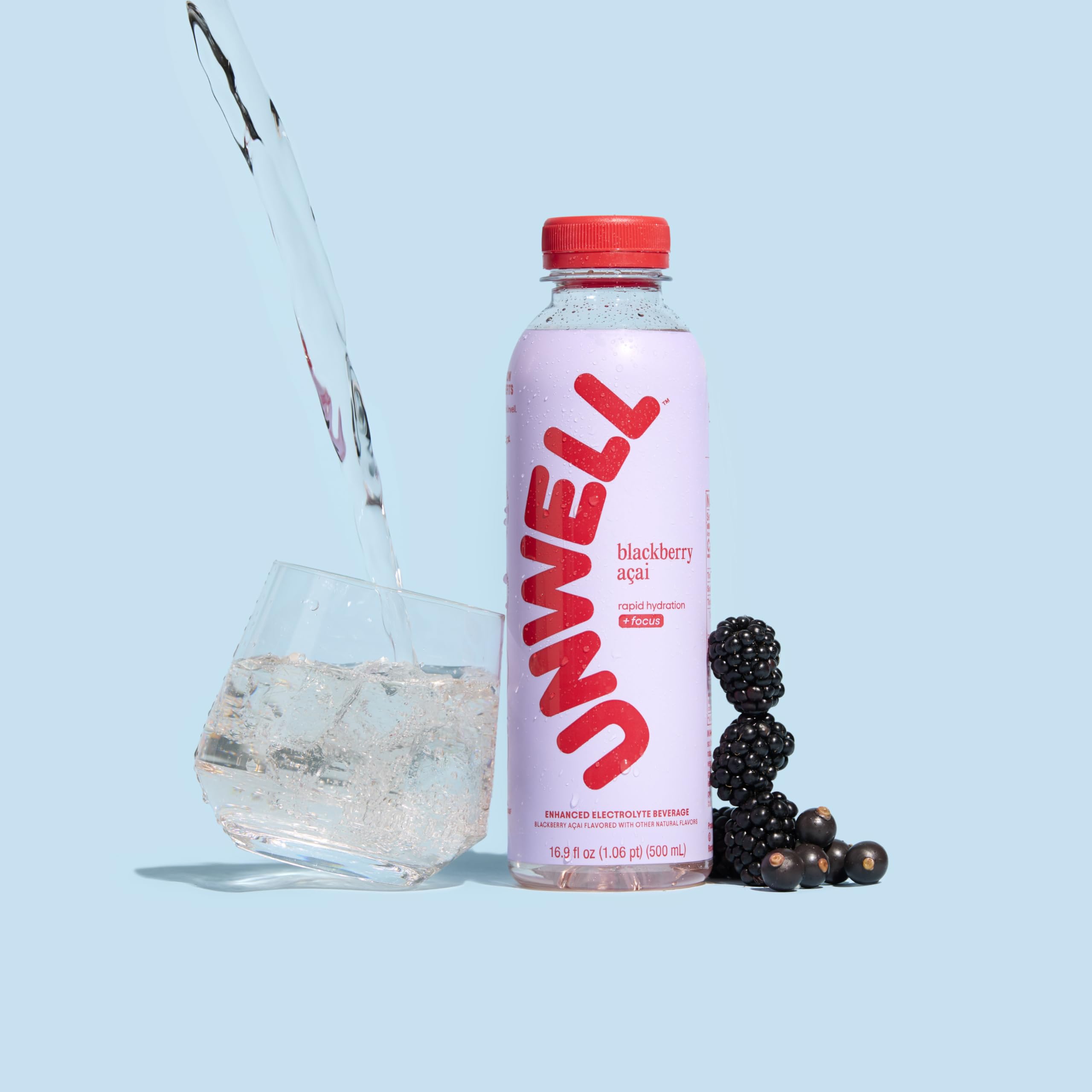 Unwell Hydration bottle pouring with natural flavor profile.