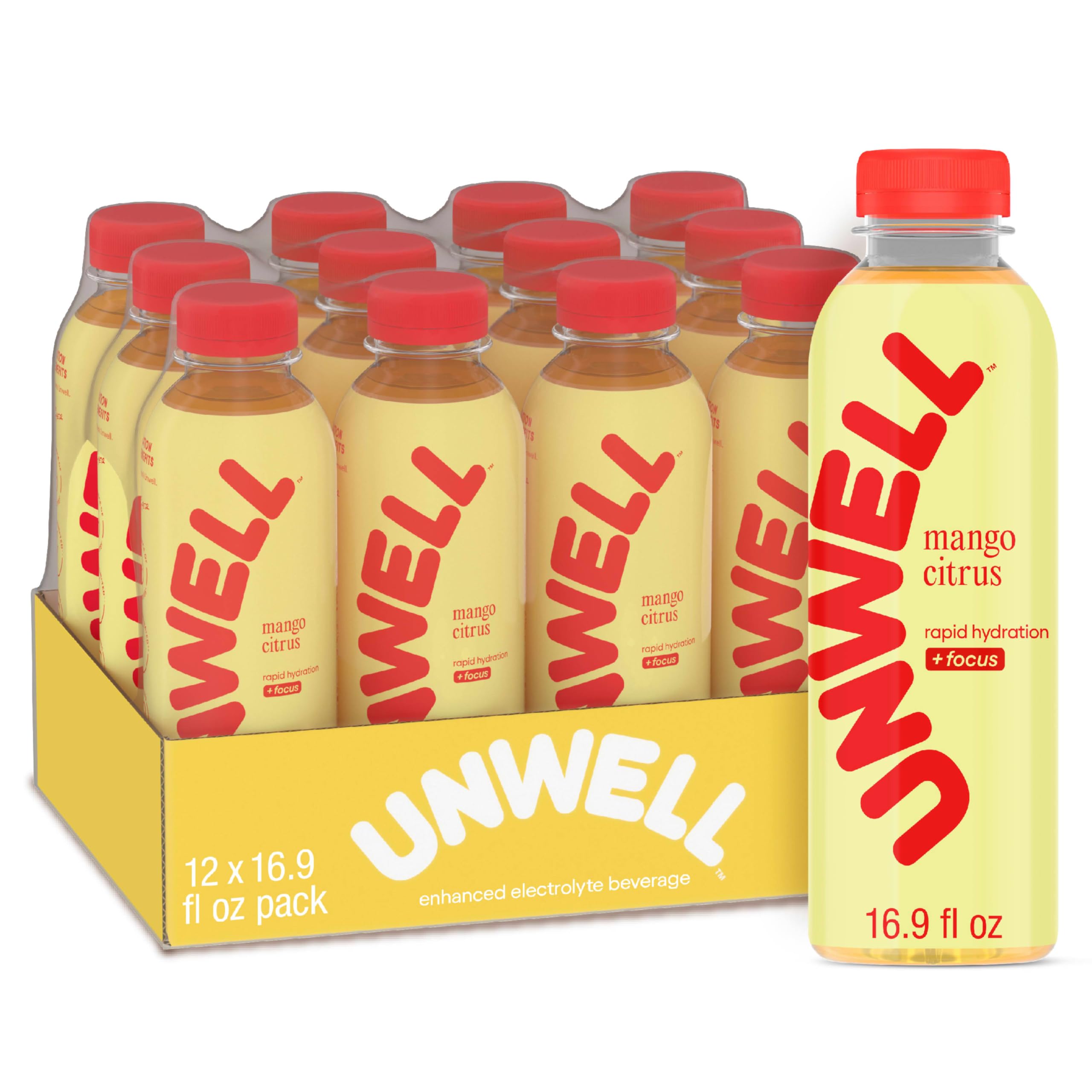 Unwell Hydration mango citrus bottle pour showing refreshing electrolyte replenishment