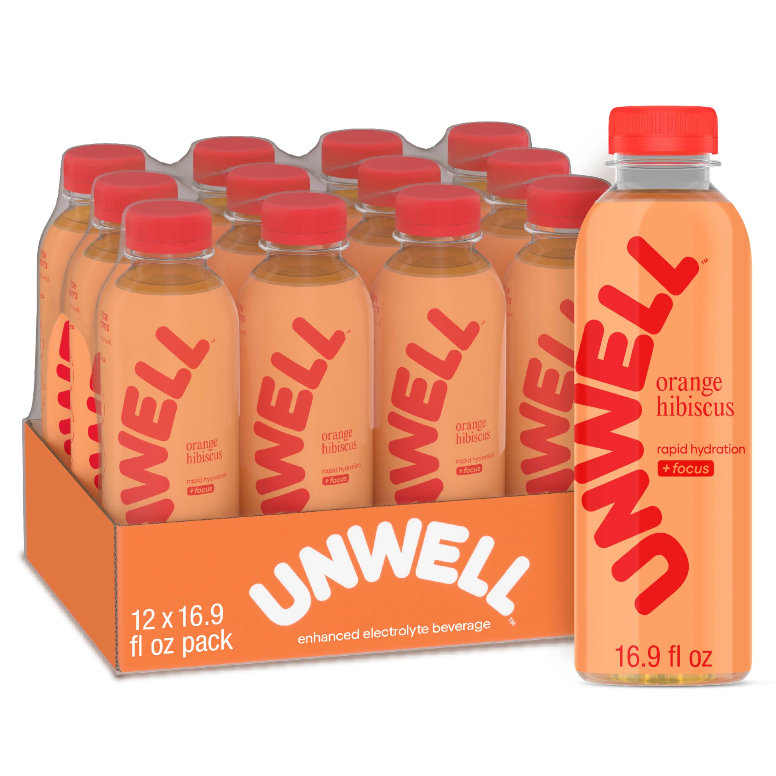 Unwell Hydration orange hibiscus bottle showing refreshing electrolyte hydration