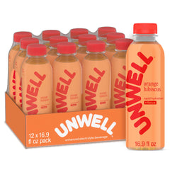 Unwell Hydration orange hibiscus bottle showing refreshing electrolyte hydration