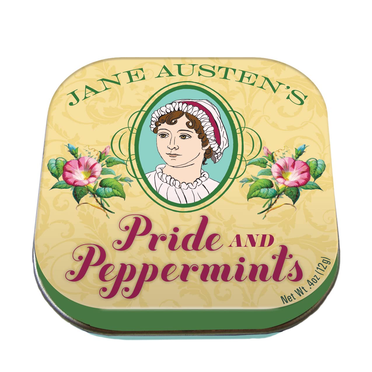 UPG Jane Austen Pride and Peppermints tin front shows a vintage, pocket-sized breath freshener.