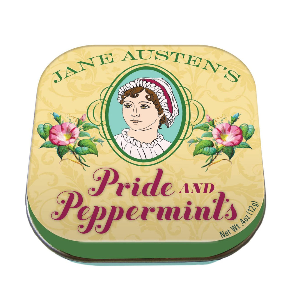 UPG Jane Austen Pride and Peppermints tin front shows a vintage, pocket-sized breath freshener.