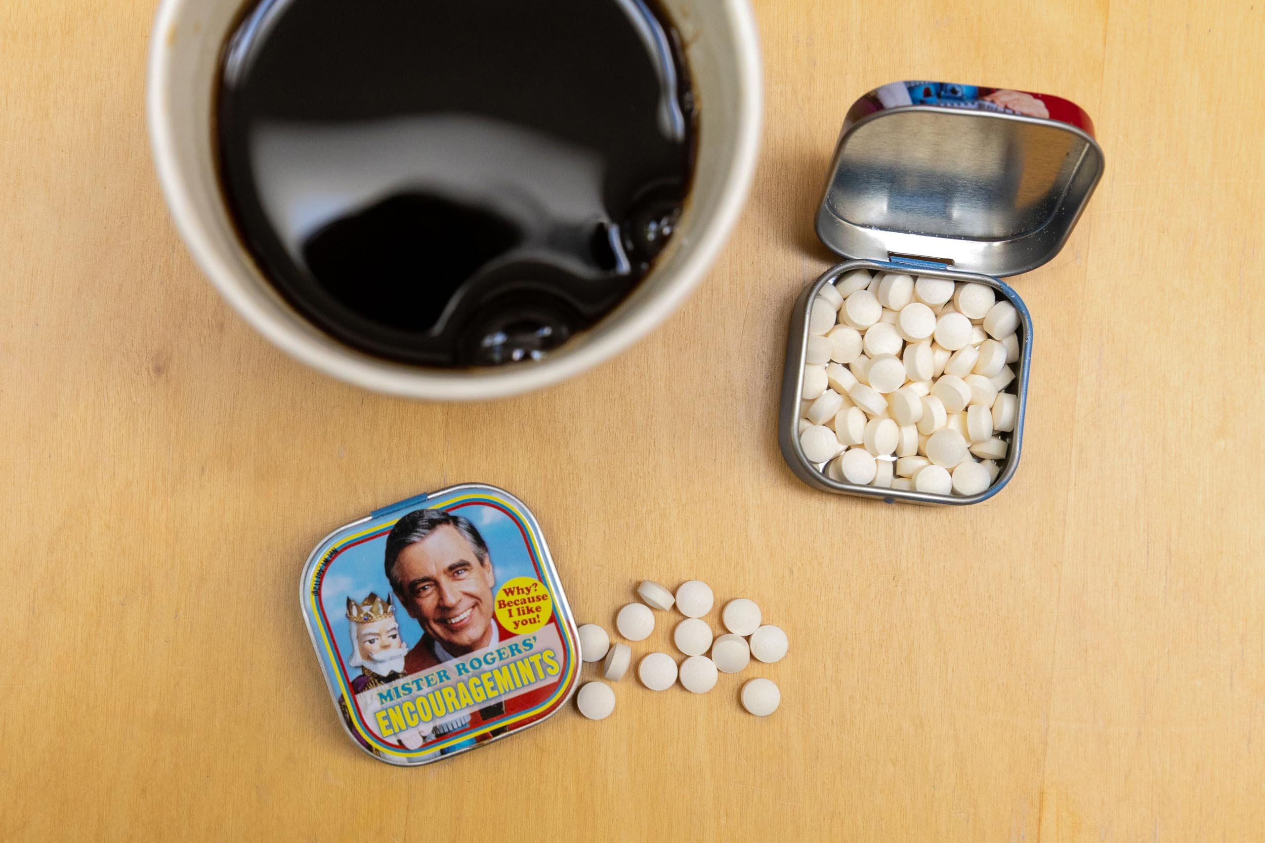 The Unemployed Philosophers Guild Mister Rogers' EncourageMints tin, compact size for travel