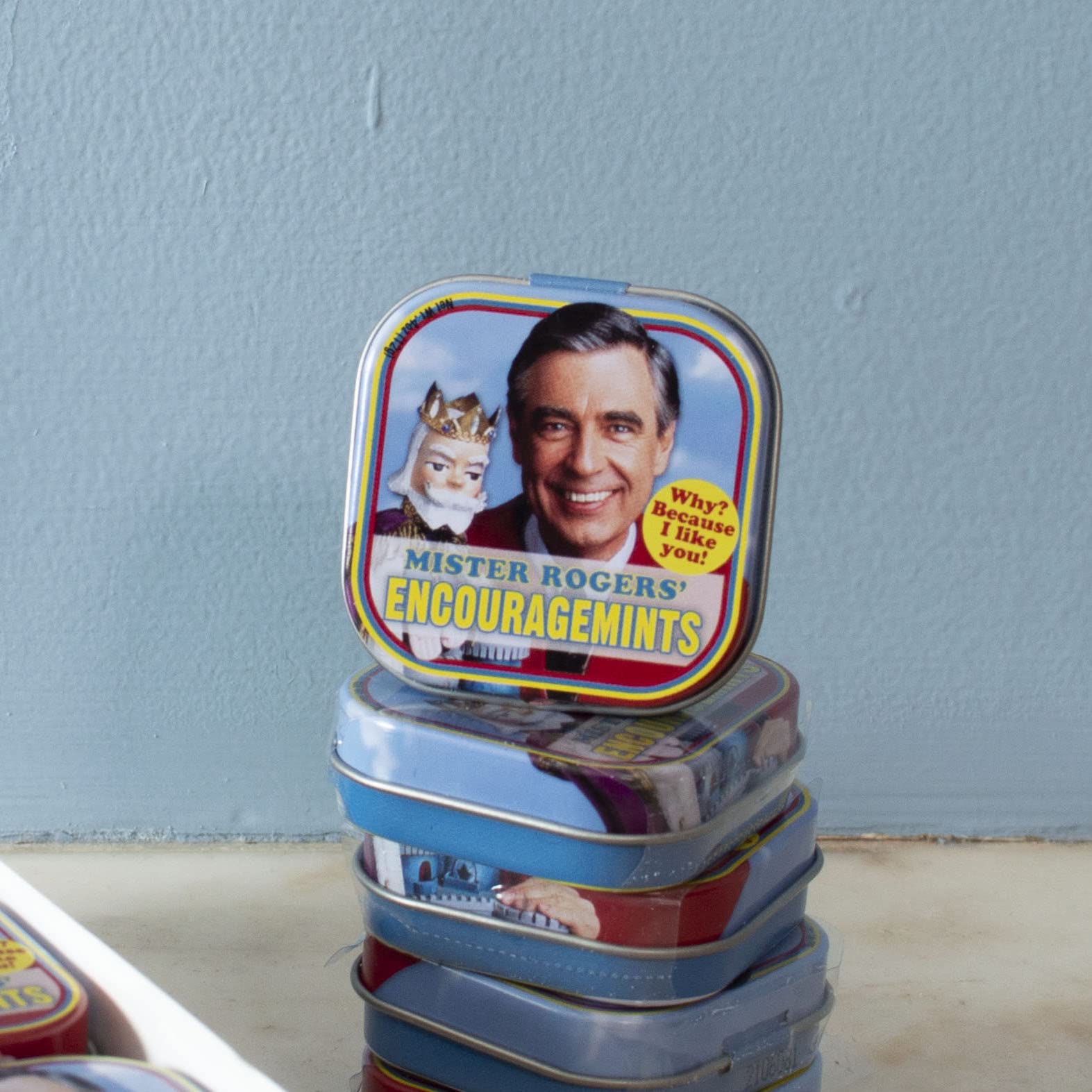 The Unemployed Philosophers Guild Mister Rogers' EncourageMints tin gift box, thoughtful small gift idea