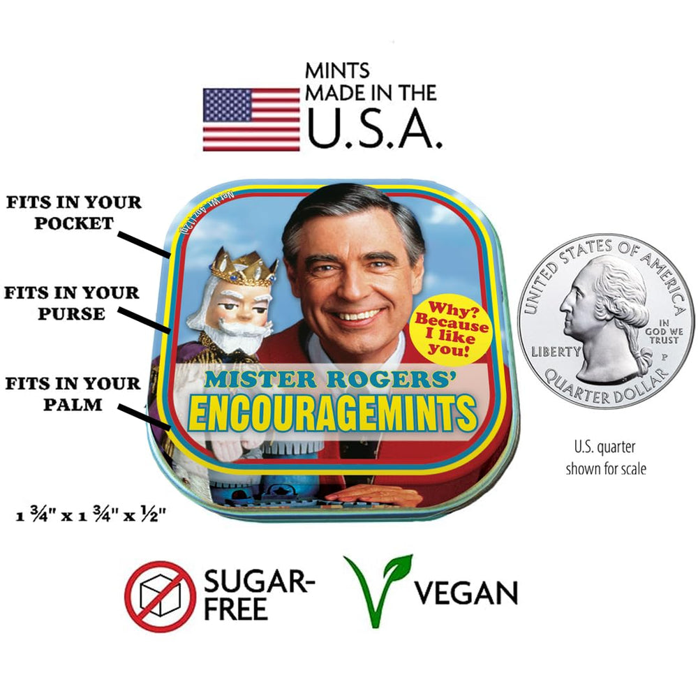 The Unemployed Philosophers Guild Mister Rogers' EncourageMints tin, open lid with mints visible, quick breath freshener