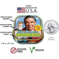 The Unemployed Philosophers Guild Mister Rogers' EncourageMints tin, open lid with mints visible, quick breath freshener