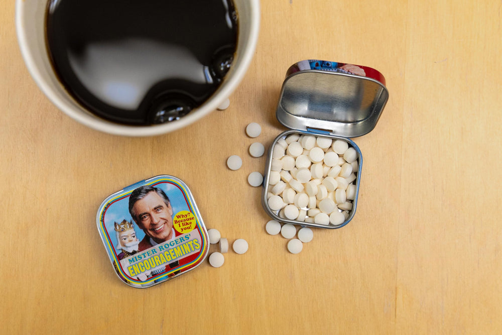The Unemployed Philosophers Guild Mister Rogers' EncourageMints tin in pocket, everyday carry, discreet encouragement